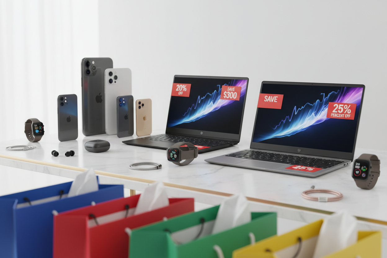 je veut une image avec des iphone haute gamme et des pc haute gamme hp et des accessoire electronique qvec des promo dessuc et sac shopping pour attirer les client